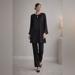 NWT‎ Calypso St. Barth Black Silk V-Neck Blouse Long Sleeve Sheer Trim Size S